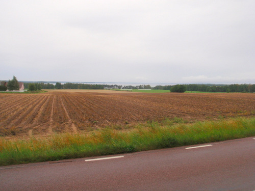 Flat field with Lake V&auml;ttern on the horizon.